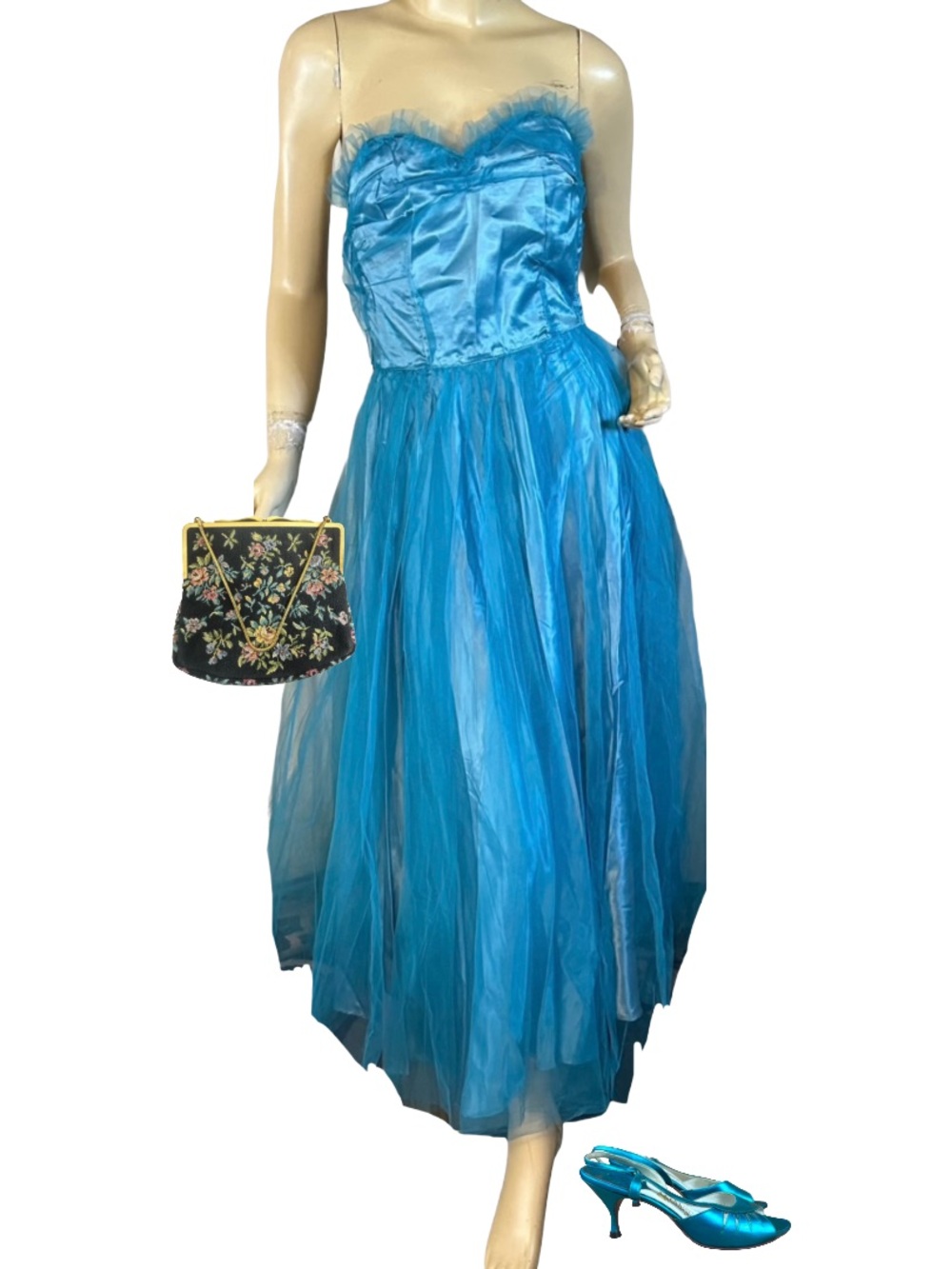 VINTAGE 1950'S TURQUOISE BLUE SATIN & TULLE STRAPLESS PARTY DRESS (XS)